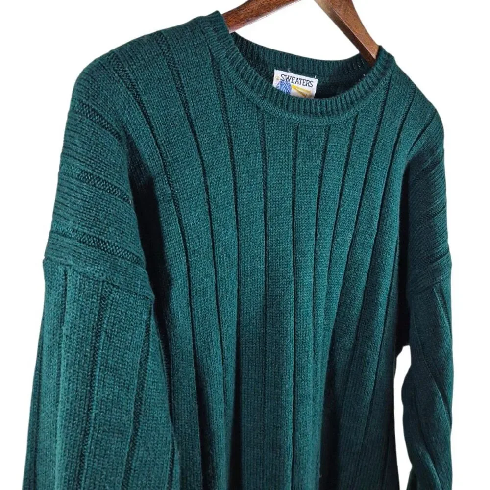 Vtg 90s Fisherman Grandpa Wool Blend L Dark Academia Sweater Green Rib Preppy